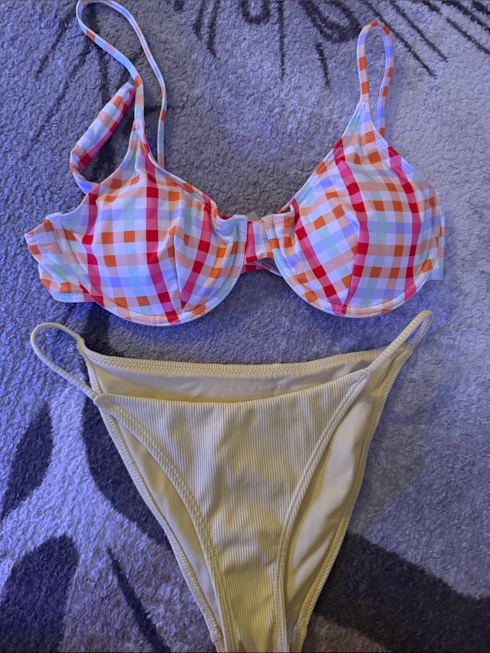 Pacsun and Shein combo Gingham Bikini Top with Yellow Ribbed Bikini